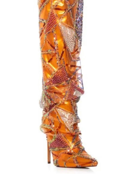 Women Fashion Orange Bling Patchwork Over The Knee Boots