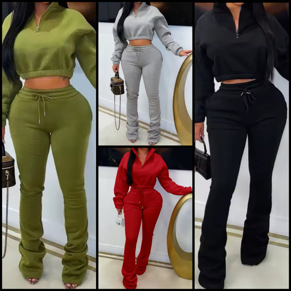 Women Fashion Zip Up Full Sleeve Crop Sweater Two Piece Pant Set