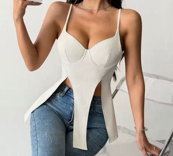 Women White Sleeveless Split Top