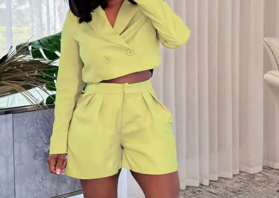 Women Color Button Up Full Sleeve Blazer Two Piece Short Set