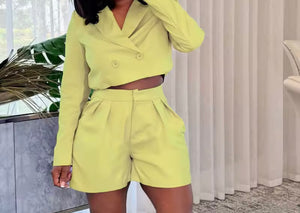 Women Color Button Up Full Sleeve Blazer Two Piece Short Set