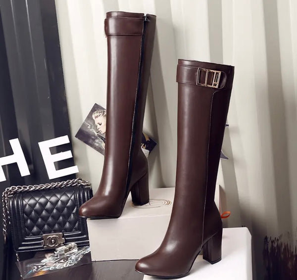 Women Fashion Faux Leather Buckled Knee High Boots