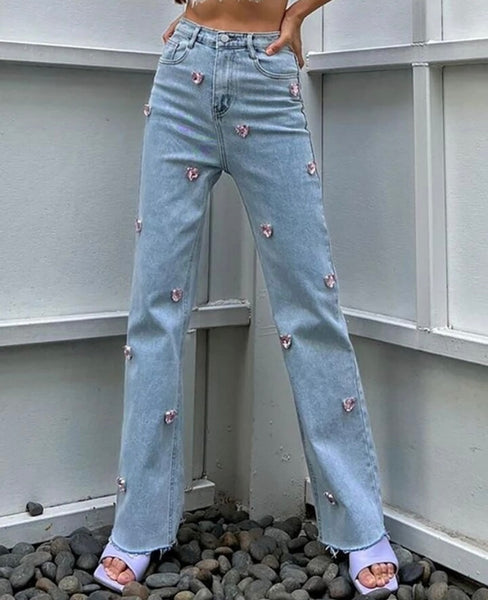 Women Fashion Pink Crystal Heart Patchwork Denim Pants