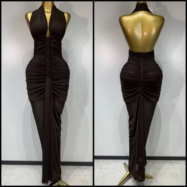 Women Sexy Halter Sleeveless Ruched Brown Maxi Dress