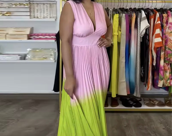 Women Sexy Sleeveless v-Neck Color Patchwork Pleated Dress