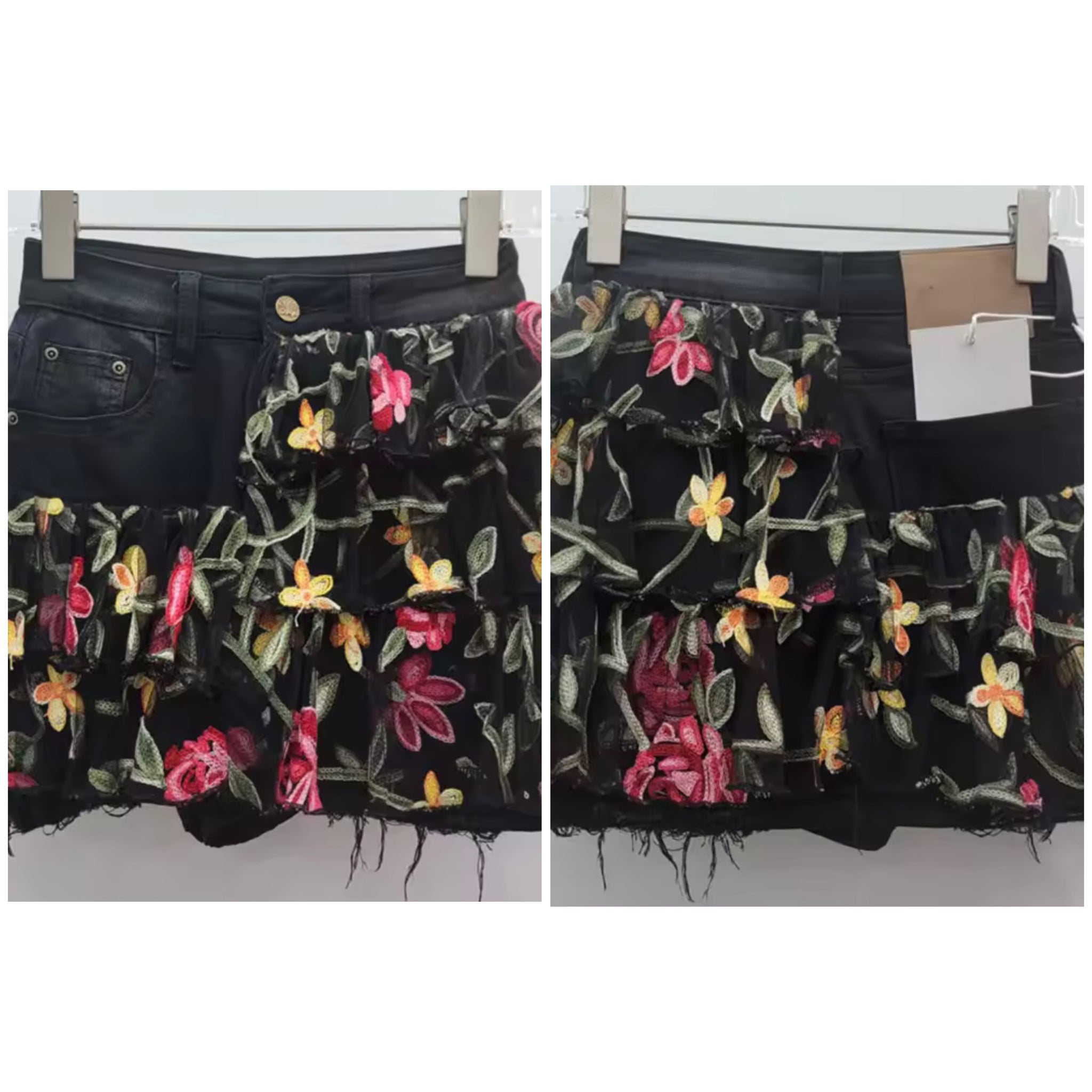 Women Fashion Floral Ruffled Black Denim Skirt