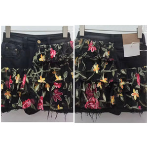 Women Fashion Floral Ruffled Black Denim Skirt