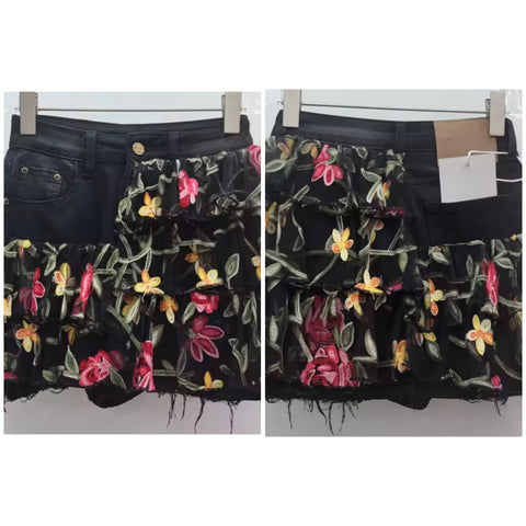 Women Fashion Floral Ruffled Black Denim Skirt