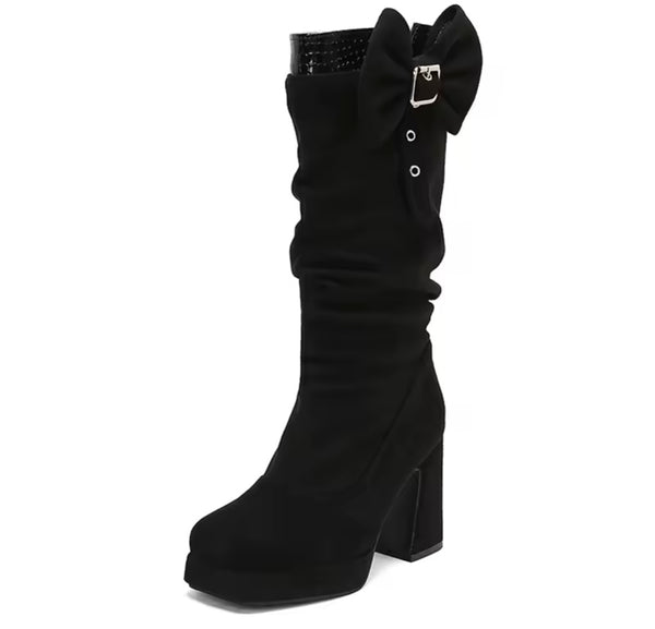 Women Fashion Buckled Bow Platform High Heel Boots