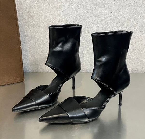 Women Fashion Faux Leather Pointed Toe Cut Out Ankle Boots