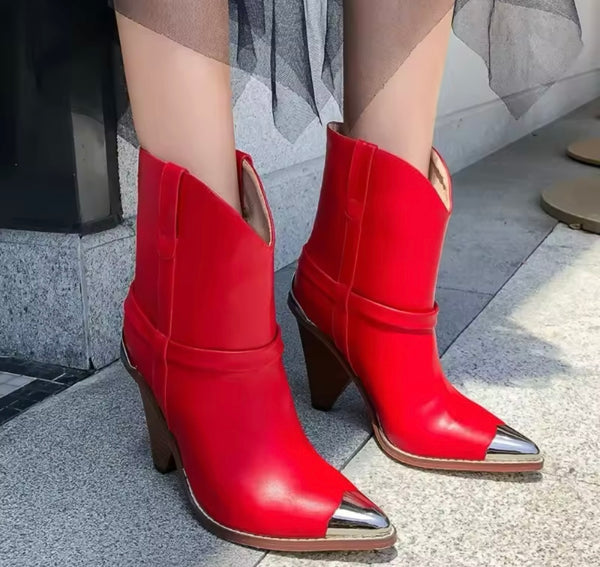 Women Fashion Metal Pointed Toe Ankle Western Boots