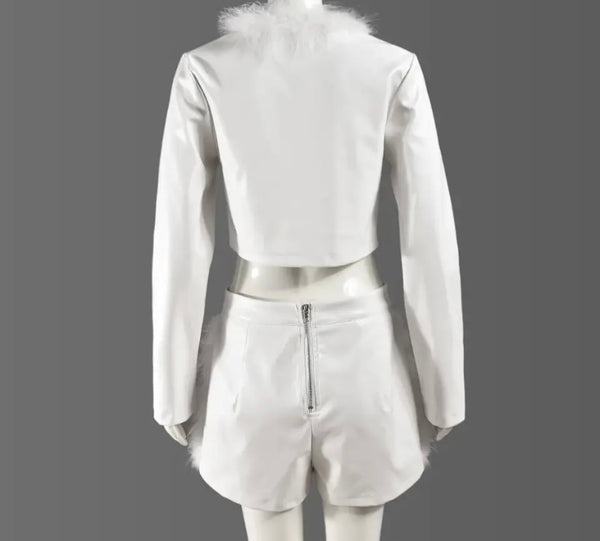 Women White Sexy Fashion Feather Full Sleeve Faux Leather Two Piece Short Set