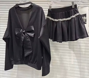 Women Rhinestone Bow Open Back Sweater Two Piece Skirt Set