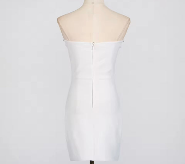 Women White Sexy Strapless Rhinestone Patchwork Dress