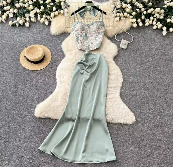 Women Bow Floral Sleeveless Two Piece Maxi Skirt Set