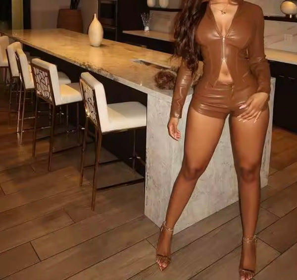 Women Color Fashion Faux Leather Jacket Two Piece Short Set