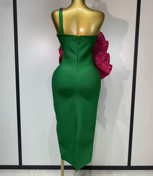 Women Green One Shoulder Crystal Sleeveless Pink Floral Dress