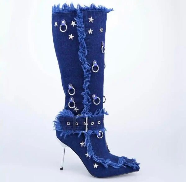 Women Fashion Fringe Star Buckled Denim Knee High Boots