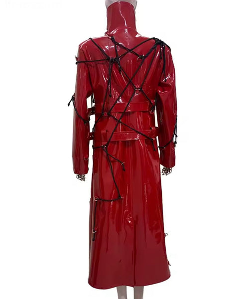 Women Fashion Red PU Leather Gothic Trench Jacket