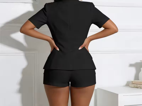 Women Fashion Button Short Sleeve Blazer Two Piece Short Set