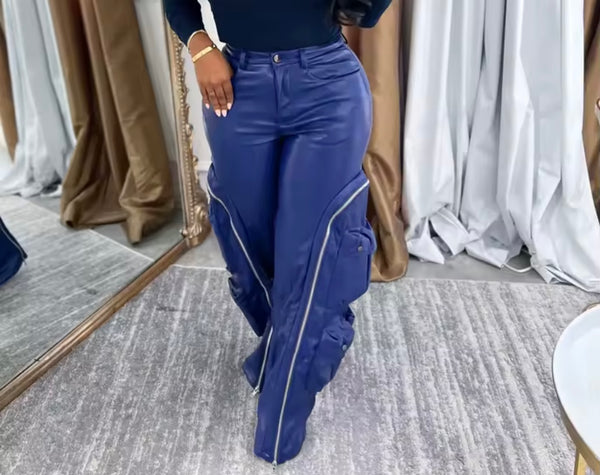 Women Fashion Color Zipper Cargo Faux Leather Pants