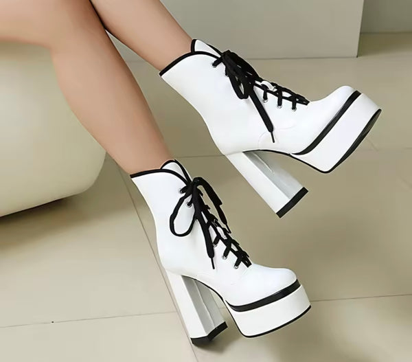 Women Fashion Color Patchwork Lace Up Platform High Heel Ankle Boots