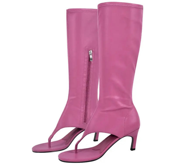 Women Fashion Faux Leather Open Toe Knee High Boots