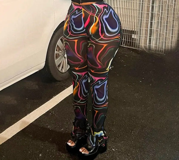 Women Sexy Fashion Black Rainbow Print Mesh Pants