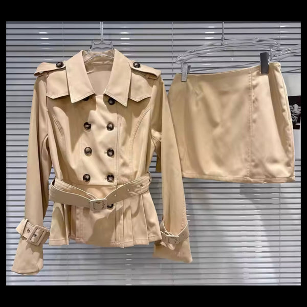 Women Fashion Khaki Button Up Full Sleeve Two Piece Skirt Set