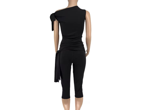 Women Sexy Solid Color Tassel Sleeveless Two Piece Capri Pant Set