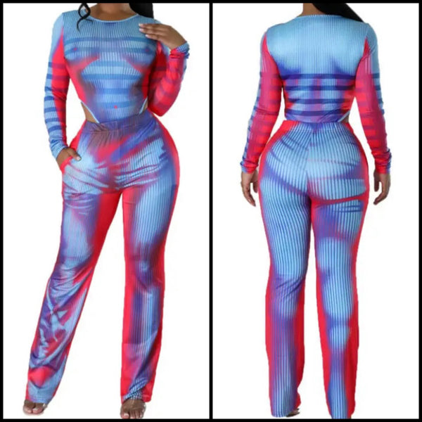 Women Fashion Color Patchwork Printed Full Sleeve Two Piece Pant Set