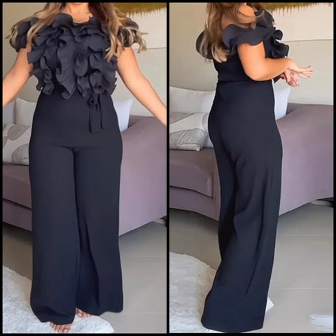 Women Sexy Black Off The Shoulder Ruffled Short Sleeve Jumpsuit