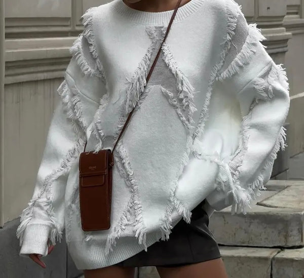 Women White Fashion Fringe Full Sleeve Sweater Top