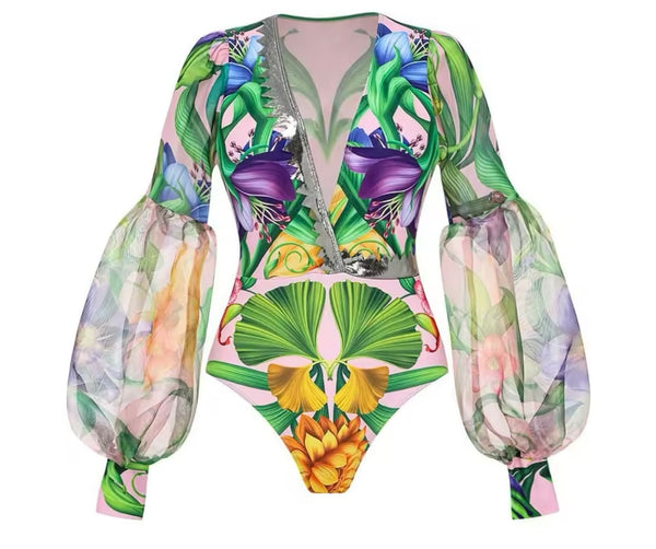 Women Sexy Multicolored Print Full Sleeve Swimsuit Cover Up Set