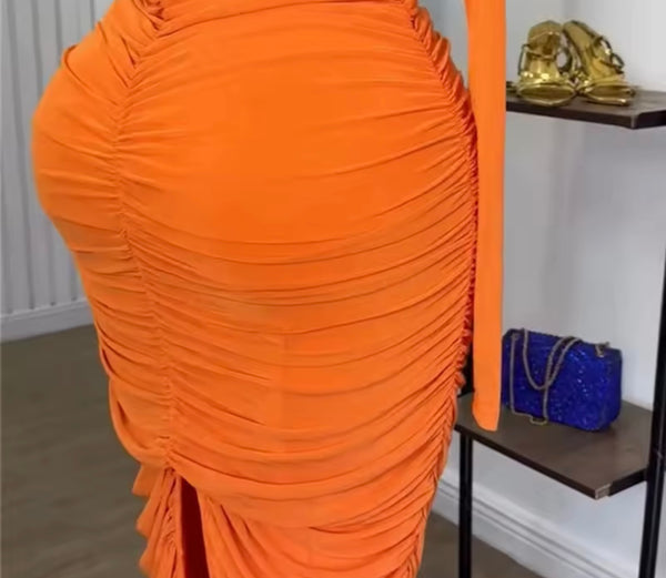 Women Sexy Orange Metal Ruched Full Sleeve Maxi Dress