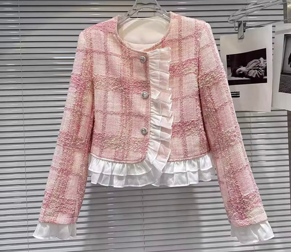 Women Pink Plaid Ruffled Blazer Two Piece Tweed Skirt Set