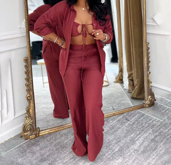 Women Color Sexy Full Sleeve Three Piece Pant Set