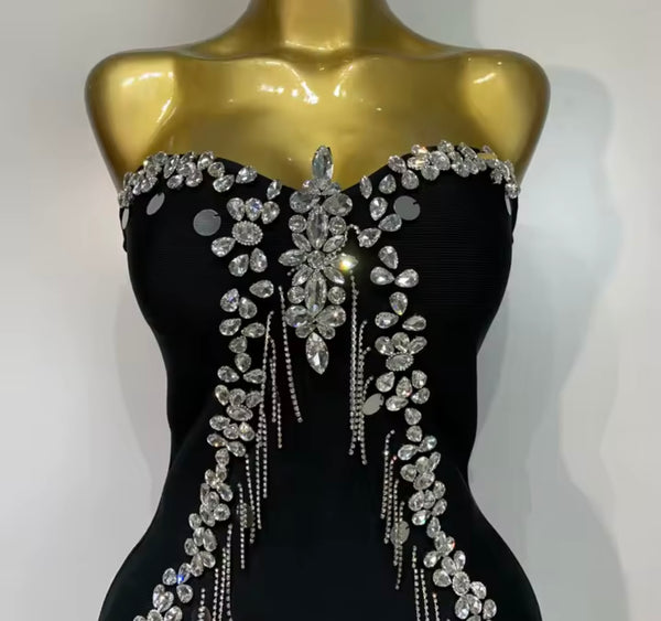Women Black Sexy Strapless Rhinestone Tassel Dress