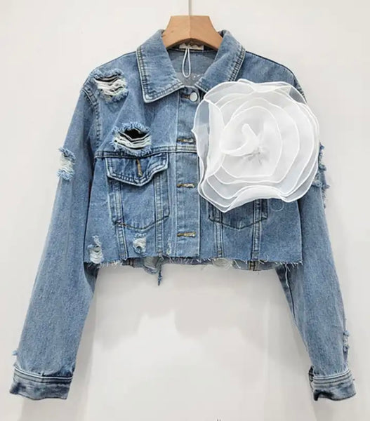 Women Fashion Ripped Floral Denim Jacket