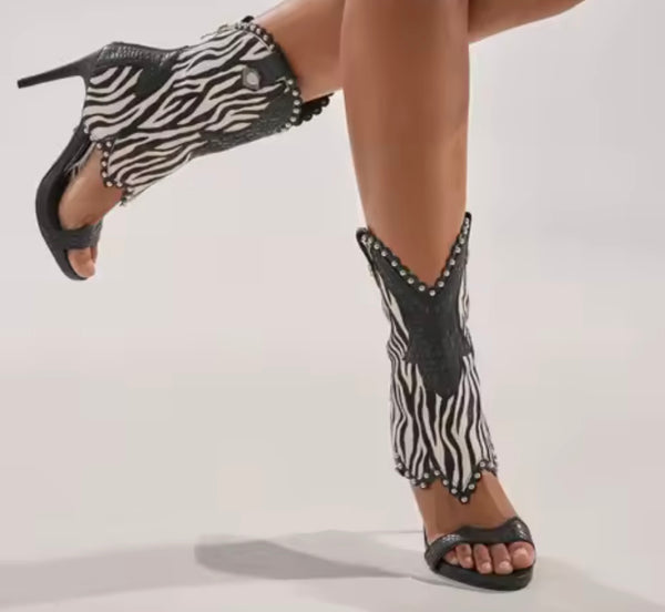 Women Fashion Open Toe Animal Print High Heel Ankle Boots
