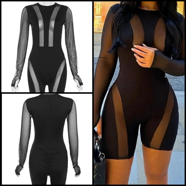 Women Black Sexy Fashion Mesh Patchwork Full Sleeve Romper