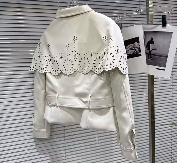 Women Fashion Ruffled Faux Leather Jacket Two Piece Skirt Set