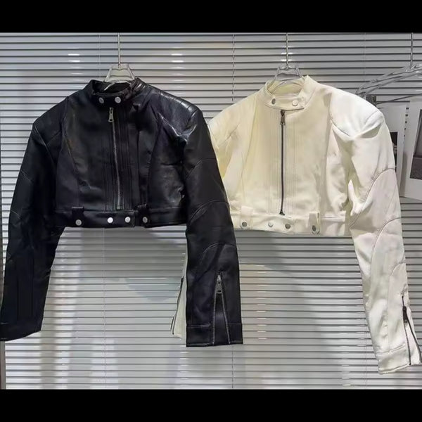 Women Fashion Zip Up Button Faux Leather Jacket