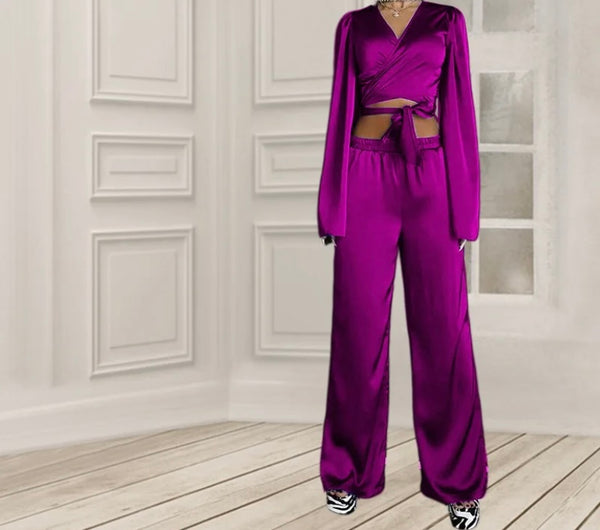 Women Sexy Solid Color Satin Full Sleeve Two Piece Pant Set