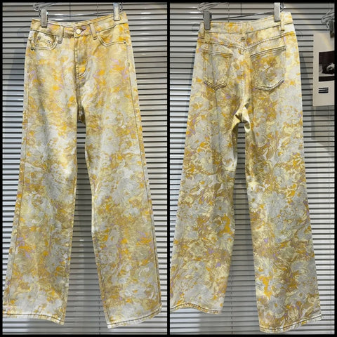 Women Fashion Metallic Print Denim Pants