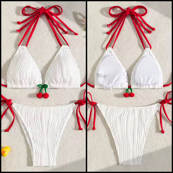 Women Sexy Halter Tie Up Cherry White Bikini Swimsuit
