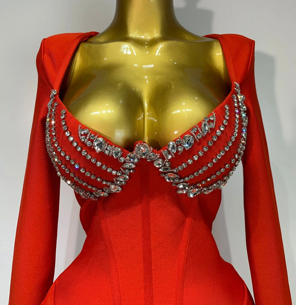 Women Sexy V-neck Bling Full Sleeve Bandage Maxi Dress