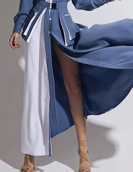 Women Sexy Color Patchwork Button Up Full Sleeve Maxi Dress