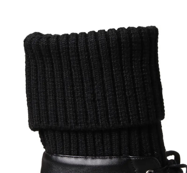 Women Color Fashion Knitted Faux Leather Lace Up Ankle Boots