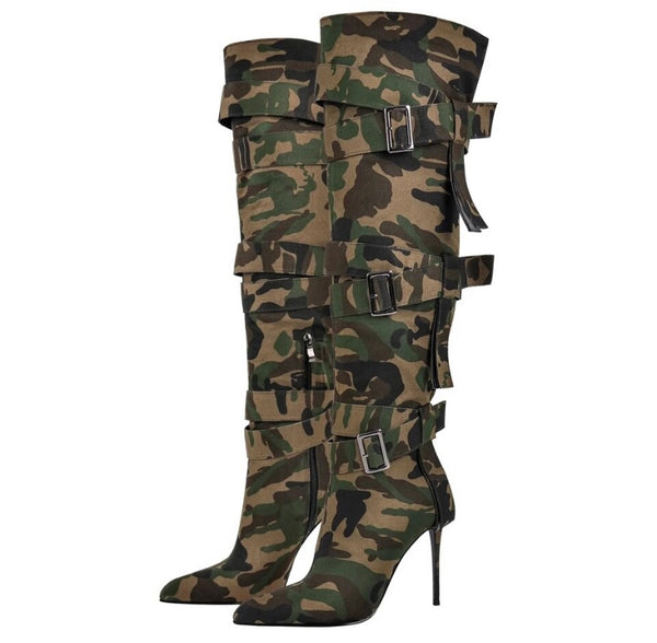 Women Fashion Camouflage Buckled Knee High Boots